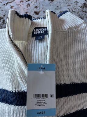 Lands' End Cream and Navy Striped Zip-Front Sweater